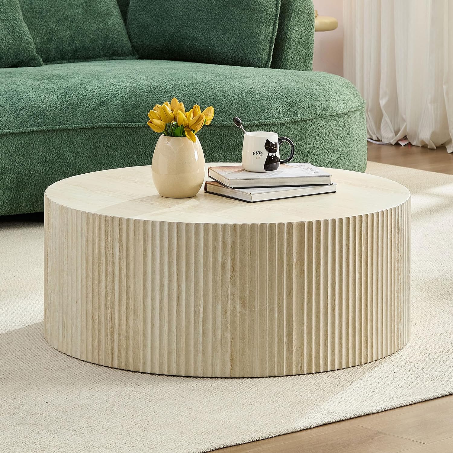 JUSTONE Round Coffee Tables for Living Room,Modern 35.43'' Fiberglass Cream Style Coffee Table for Small Space,Apartment,Balcony,Matte White