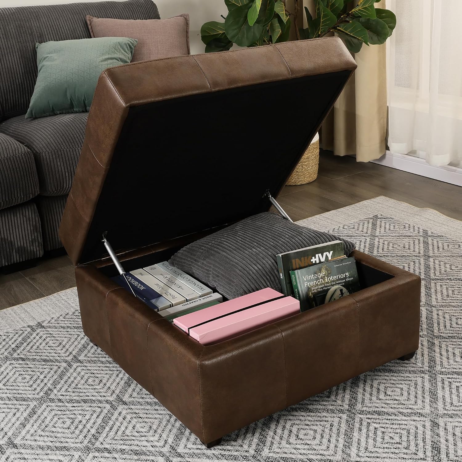 Homebeez 28.3' Storage Ottoman Bench with Faux Leather Upholstery, Button Tufted Lid, Wood Legs - Footrest, Coffee Table, Footstool for Living Room, Mottled Brown