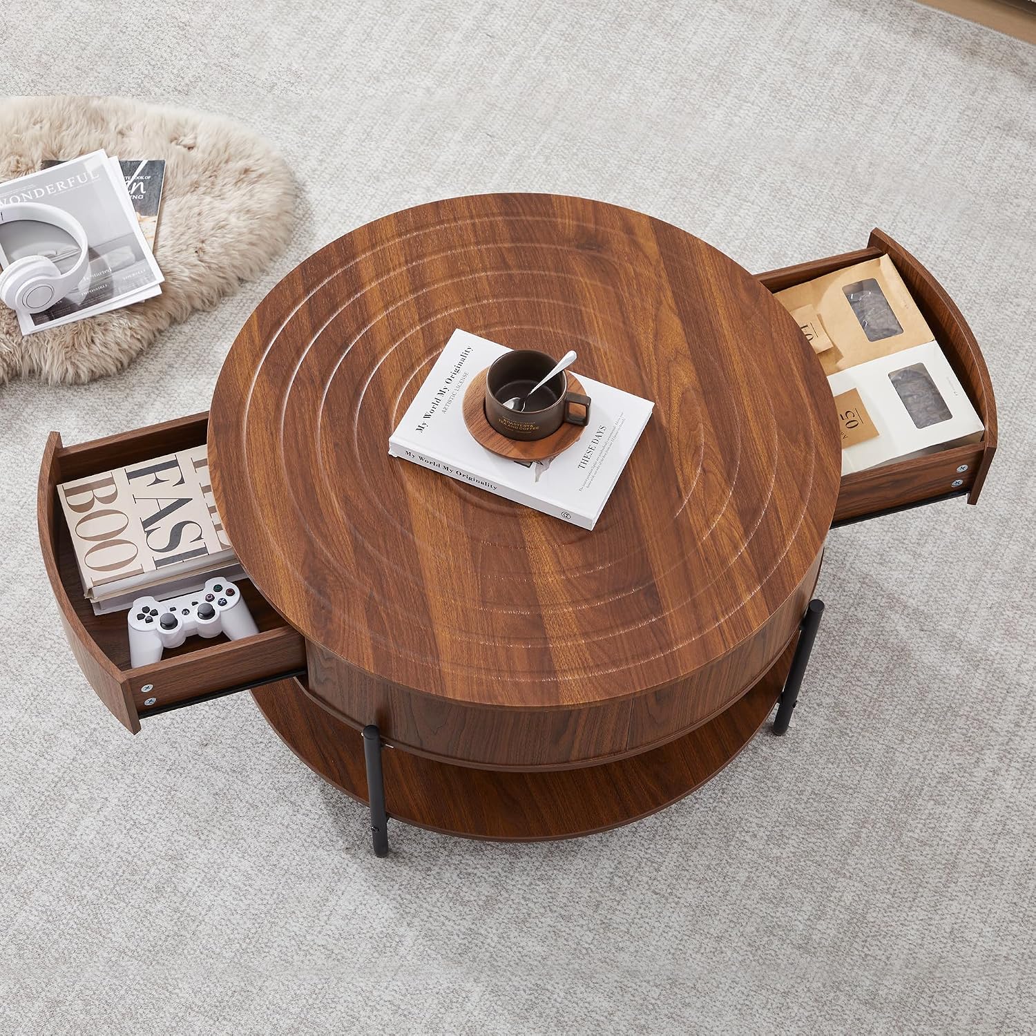 RARZOE 30.5' Round Coffee Table with Storage, Wooden Circle Coffee Table with Drawer, Storage Shelf, Metal Legs，Small Dining Table Accent Center Table for Living Room Home Office Apartment,Walnut
