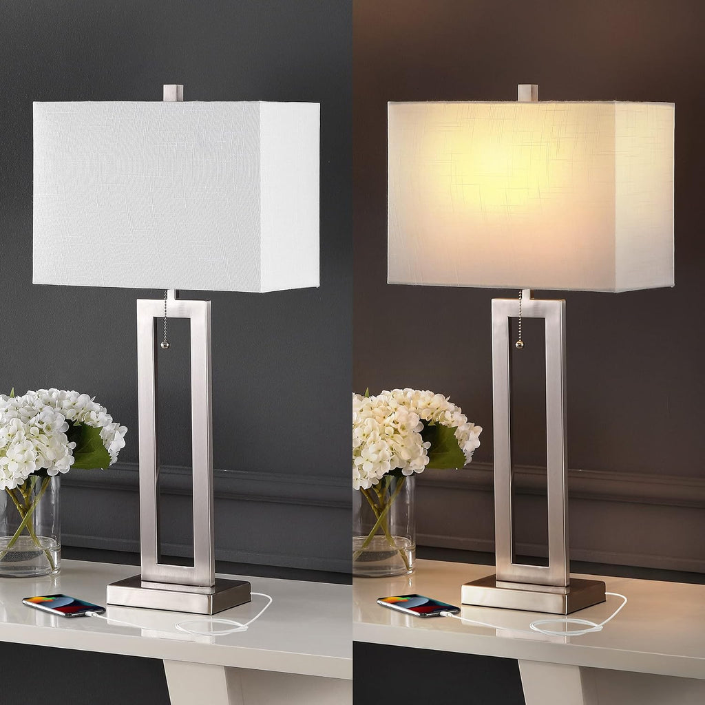 JONATHAN Y 28.5' Nickel Table Lamp Set of 2 with USB Port and Pull Chain, Modern Industrial Bedside Lamp for Living Room, Rectangular White Linen Shade, LED Bulb (JYL1126B-SET2)