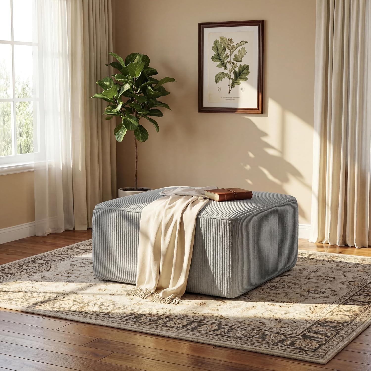 Christopher Knight Home Kyle Corduroy Woven Upholstery Square Ottoman, Living Room Sofa Ottoman with Wood Frame, Comfy Seating Experience with Dense Foam Padding, Non-Marking Foot Caps, Muted Green