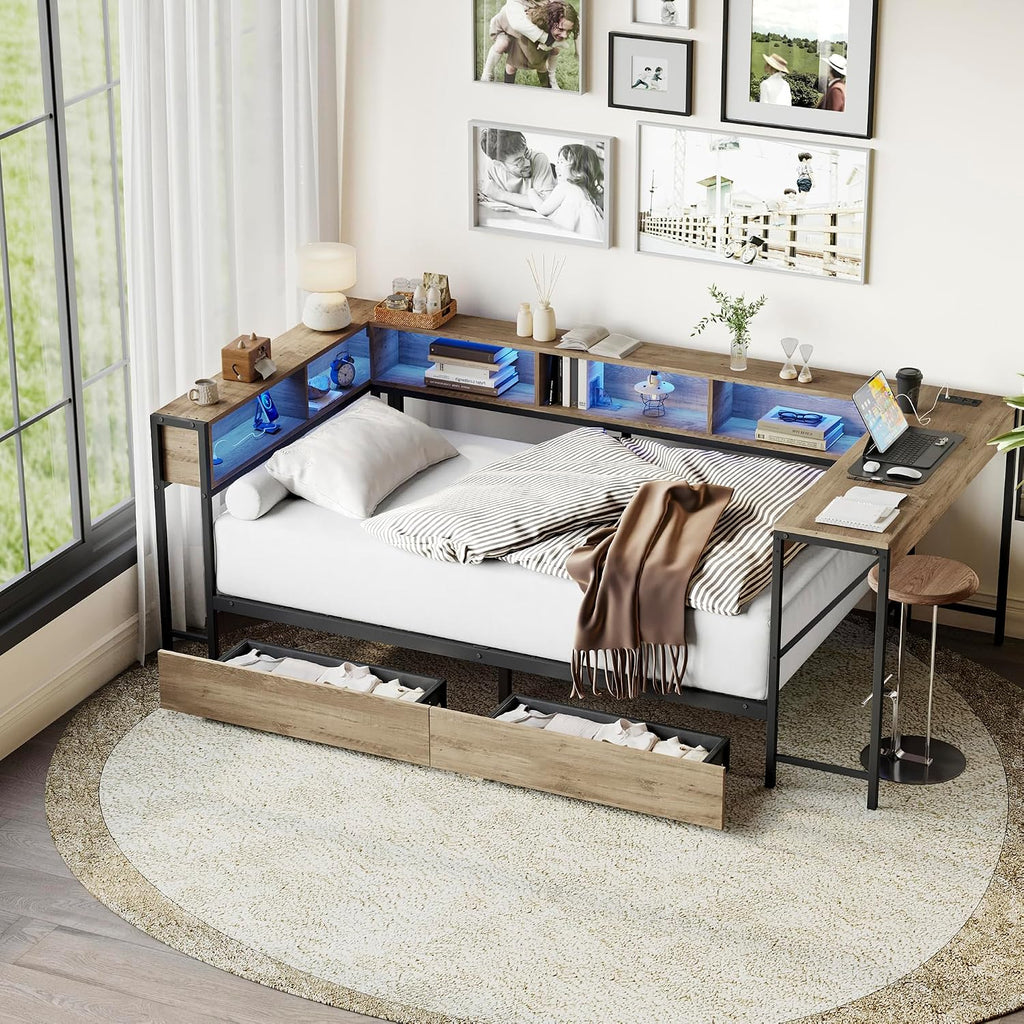 Twin Size Corner Daybed Frame with 5 Storage Shelves, Desk, 2 Drawers, Charging Station and LED Light, Metal Vintage Sofa Bed Frame for Livng Room, Bedroom, No Box Spring Needed, Grey