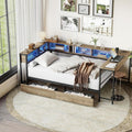 Twin Size Corner Daybed Frame with 5 Storage Shelves, Desk, 2 Drawers, Charging Station and LED Light, Metal Vintage Sofa Bed Frame for Livng Room, Bedroom, No Box Spring Needed, Grey
