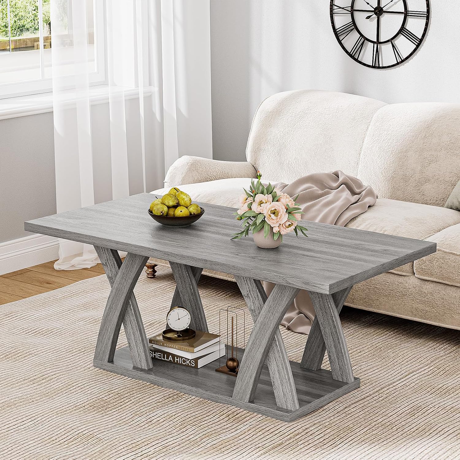 47' Farmhouse Coffee Tables for Living Room Rustic Stands with Storage Shelf Grey Coffee Tables for Living Room Farmhouse Center Stands with Shelf Wood Rectangle Center Table