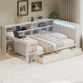 Multi-Functional Full Size Daybed with Storage Shelves and Study Desk, Wood Corner Bed Frame with Upholstered Headboard and 2 Drawers for Office Living Room Bedroom, Space-saving (White-G8, Full)