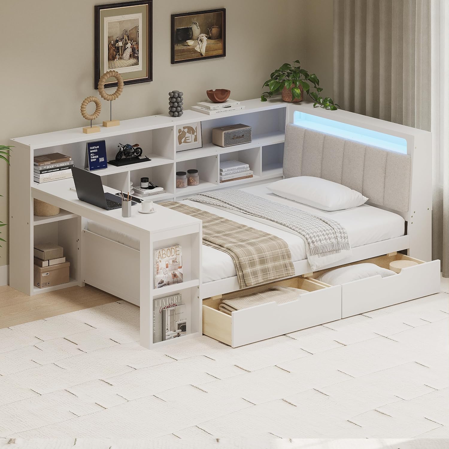 Multi-Functional Full Size Daybed with Storage Shelves and Study Desk, Wood Corner Bed Frame with Upholstered Headboard and 2 Drawers for Office Living Room Bedroom, Space-saving (White-G8, Full)