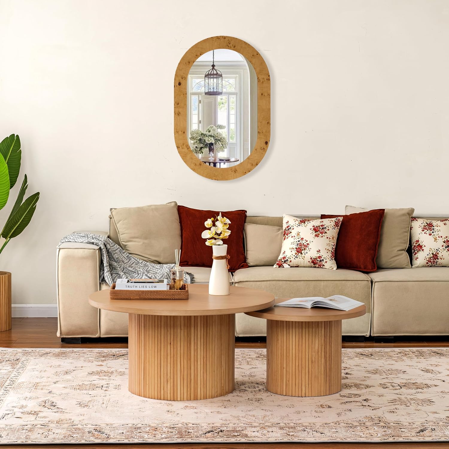 Large Round Wood Coffee Table, Mid Century Modern, Drum Shape, 35.5' Diameter, for Living Room, Natural Solid Wooden