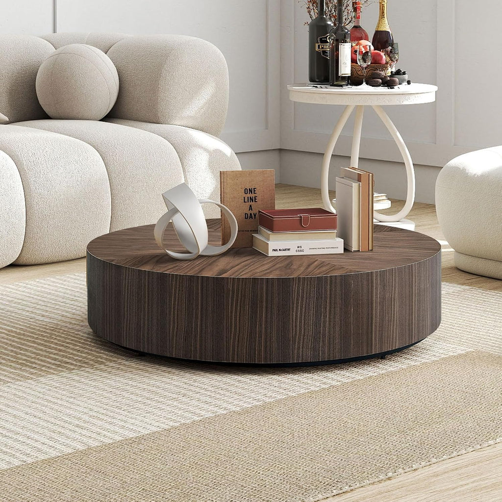 WILLIAMSPACE 35.43' Round Coffee Table for Living Room, Modern Wooden Drum Coffee Table Circle Center Table Side Table End Table for Apartment Office, No Need Assembly (Walnut)