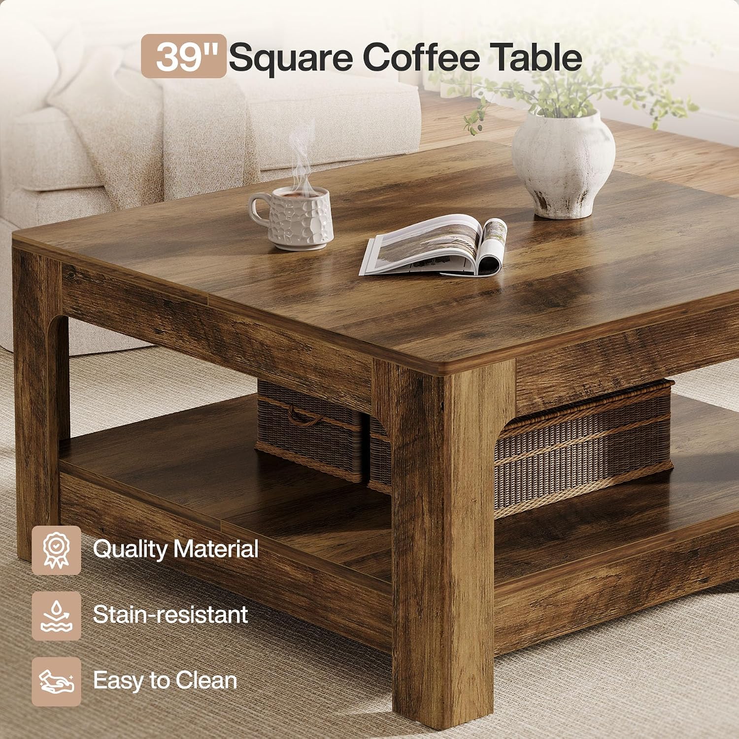Tribesigns Square Coffee Table with Storage, 39.4-Inch Large Farmhouse Wooden Center Tea Accent Table for Living Room, Rustic Brown