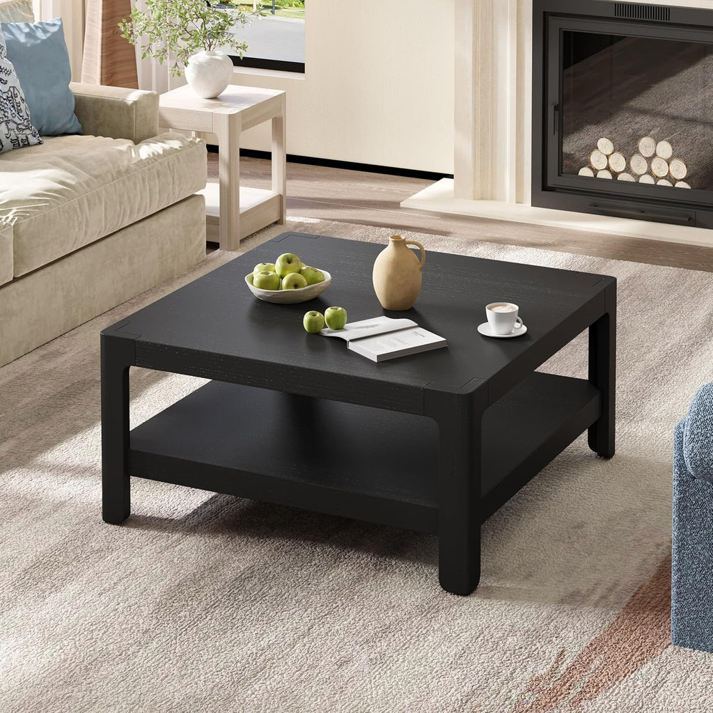 Henf 34.7' Square Coffee Table, Large 2-Tier Solid Wood Coffee Table with Open Storage Shelf and Soft Rounded Corner, Wood Cocktail Center Tea Coffee Tables for Living Meeting Room,Black