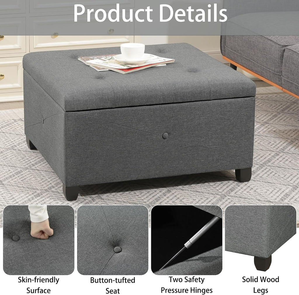 Homebeez 28.5' Tufted Storage Ottoman Bench | Multi-Panel Reinforced Fabric with Safety Pressure Hinges | for Living Room, Bedroom, Entryway | Foot Rest, Linen Ottoman, Cement Grey
