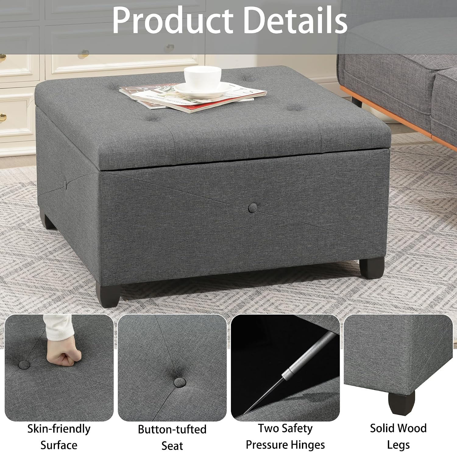 Homebeez 28.5' Tufted Storage Ottoman Bench | Multi-Panel Reinforced Fabric with Safety Pressure Hinges | for Living Room, Bedroom, Entryway | Foot Rest, Linen Ottoman, Cement Grey