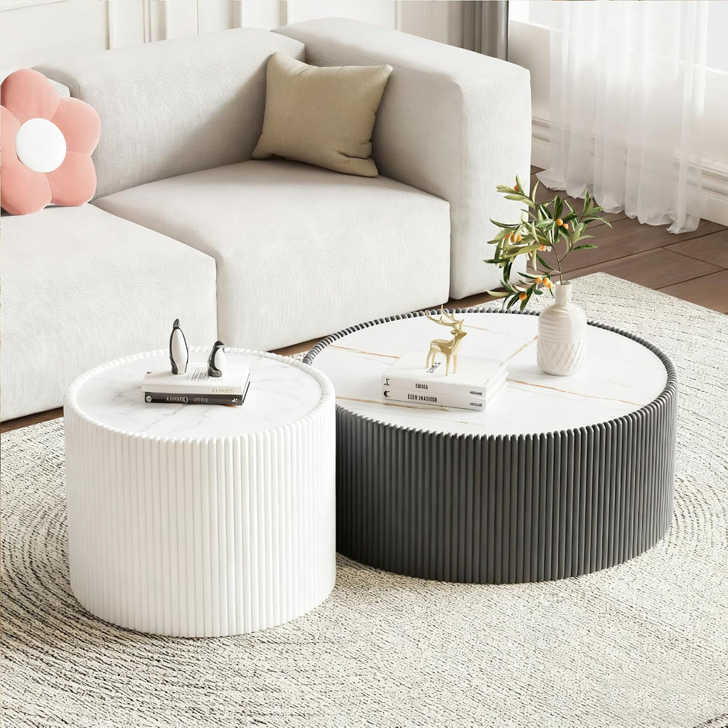 Round Coffee Table Set with Sintered Stone Tabletop, 29.52' Grey Drum Center Table and 17.71' White Coffee Table Set, 2 Pieces Living Room Table Set with Fluted PU Leather Cover& Stable Base