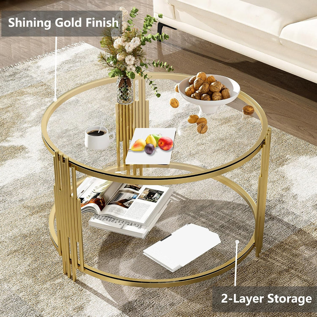 Gold Glass Coffee Table Round Modern Living Room Table, Luxury Stainless Steel Irregular Leg Tempered Glass, Circle Sofa Center Table for Home Office, 31.5' Clear