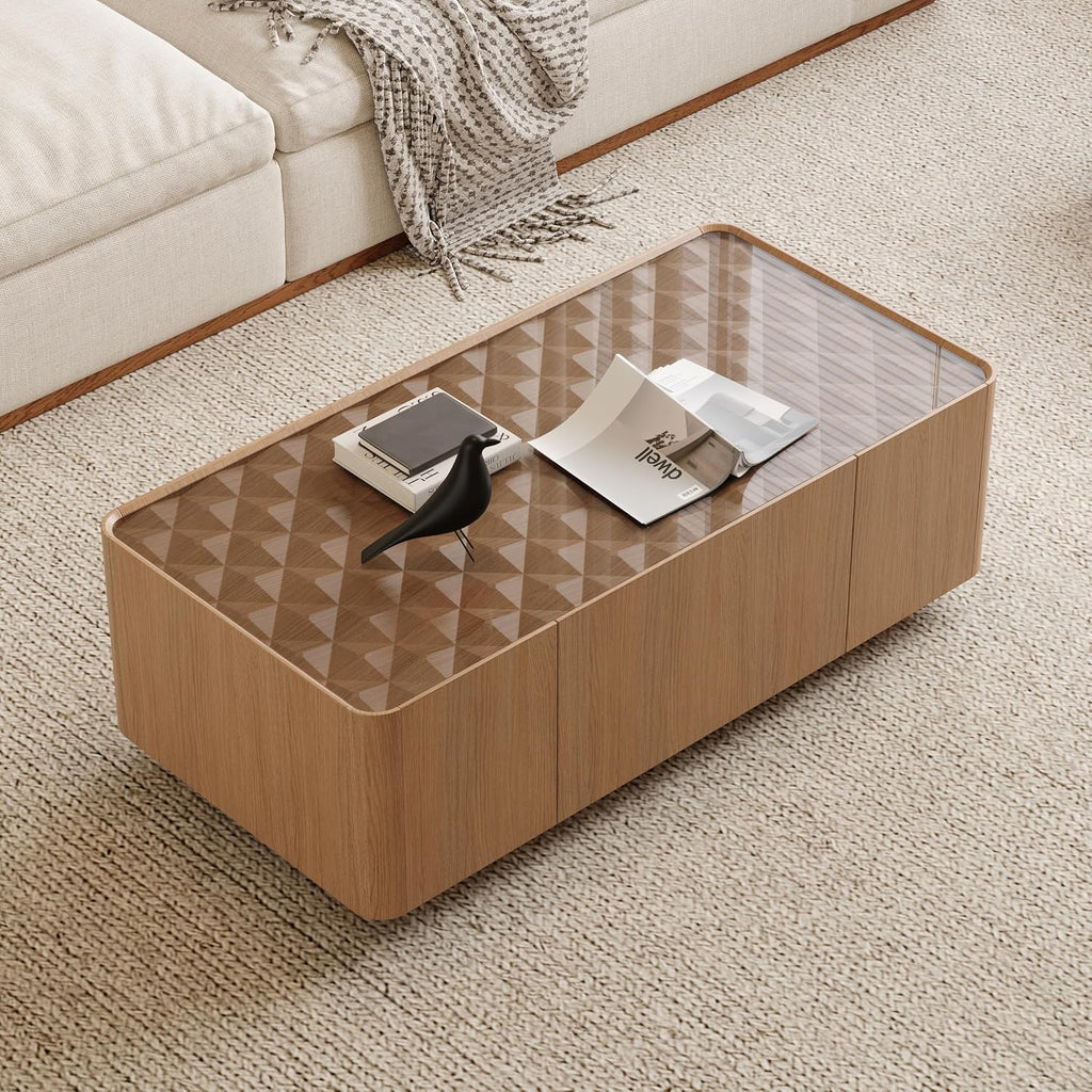 SSLine 47' Modern Wooden Coffee Table with Storage Drawer, Rectangle Center Table with Tempered Glass Top & Diamond Texture for Living Room Home Office,Walnut