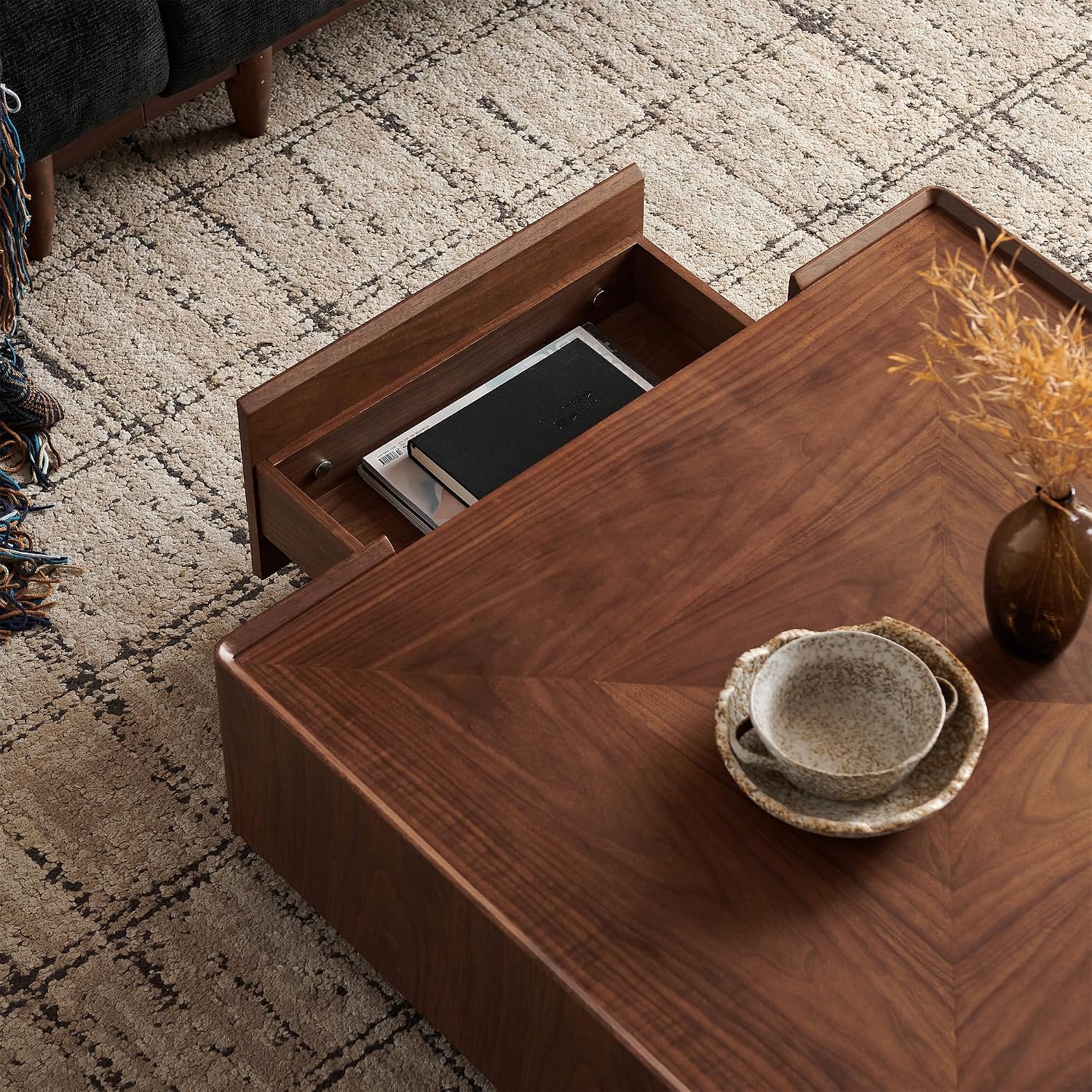 SSLine 35.4-Inch Square Coffee Table with Storage Drawers,Fully Assembled Wooden Coffee Table with Solid Wood Veneered Mid-Century Modern Cocktail Center Tables for Living Room Office,Walnut