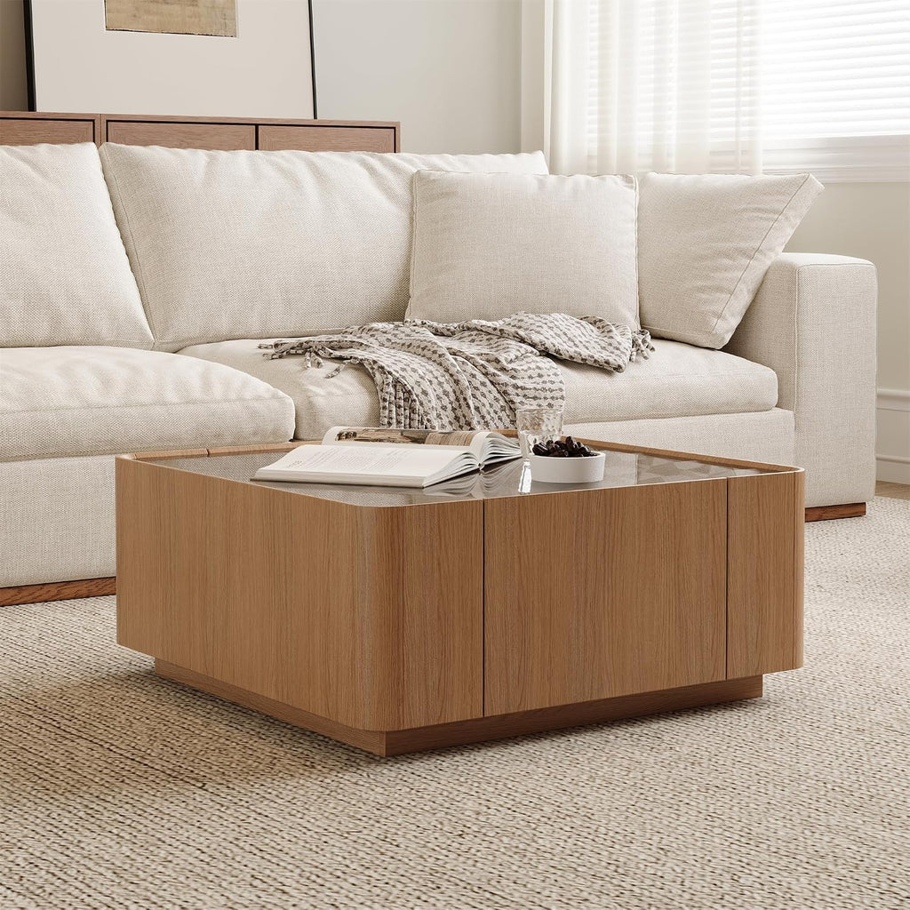 SSLine 31.5' Square Coffee Table with 2 Storage Drawers & Tempered Glass Top, Modern Wooden Center Table with Diamond Texture, Walnut for Living Room