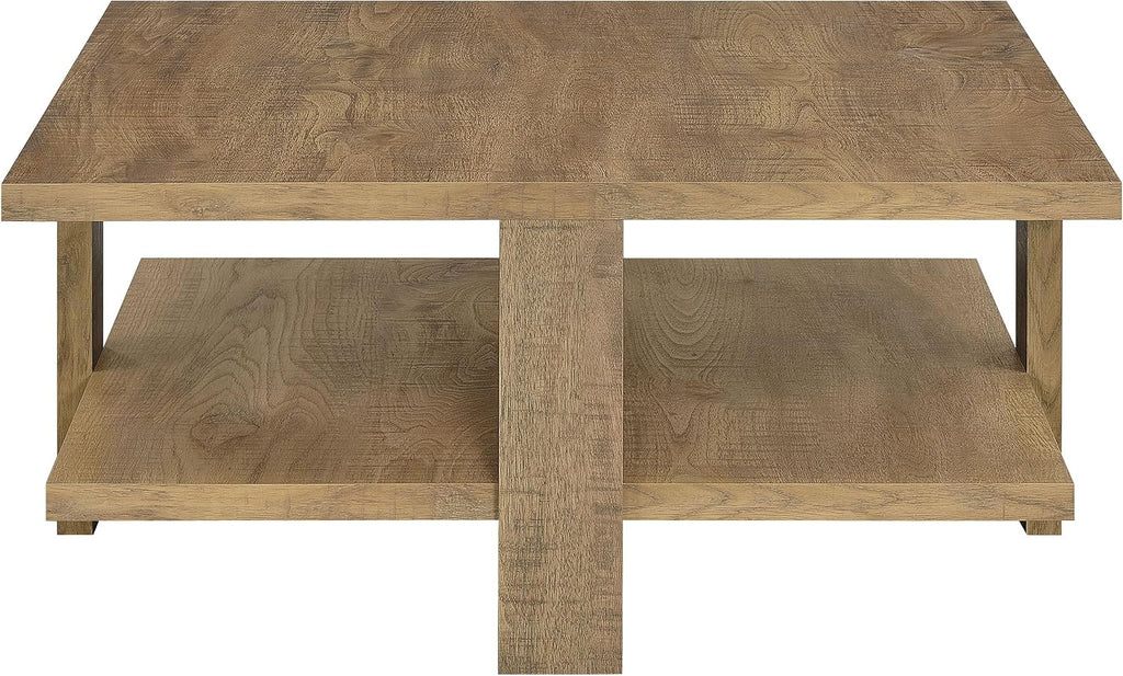 Coaster Home Furnishings - Dawn - Engineered Wood - Square Coffee Table, Dual-Surface, Dual-Tiered Design, Wide Legs, Rustic Style - Living Room - 39-Inch - Mango Brown - 707718