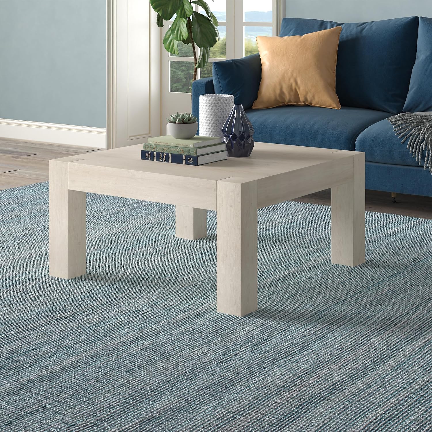 Henn&Hart 34' Square Coffee Table with Wood Top for Living Room, Family Room, Office, or Apartment, Beech White