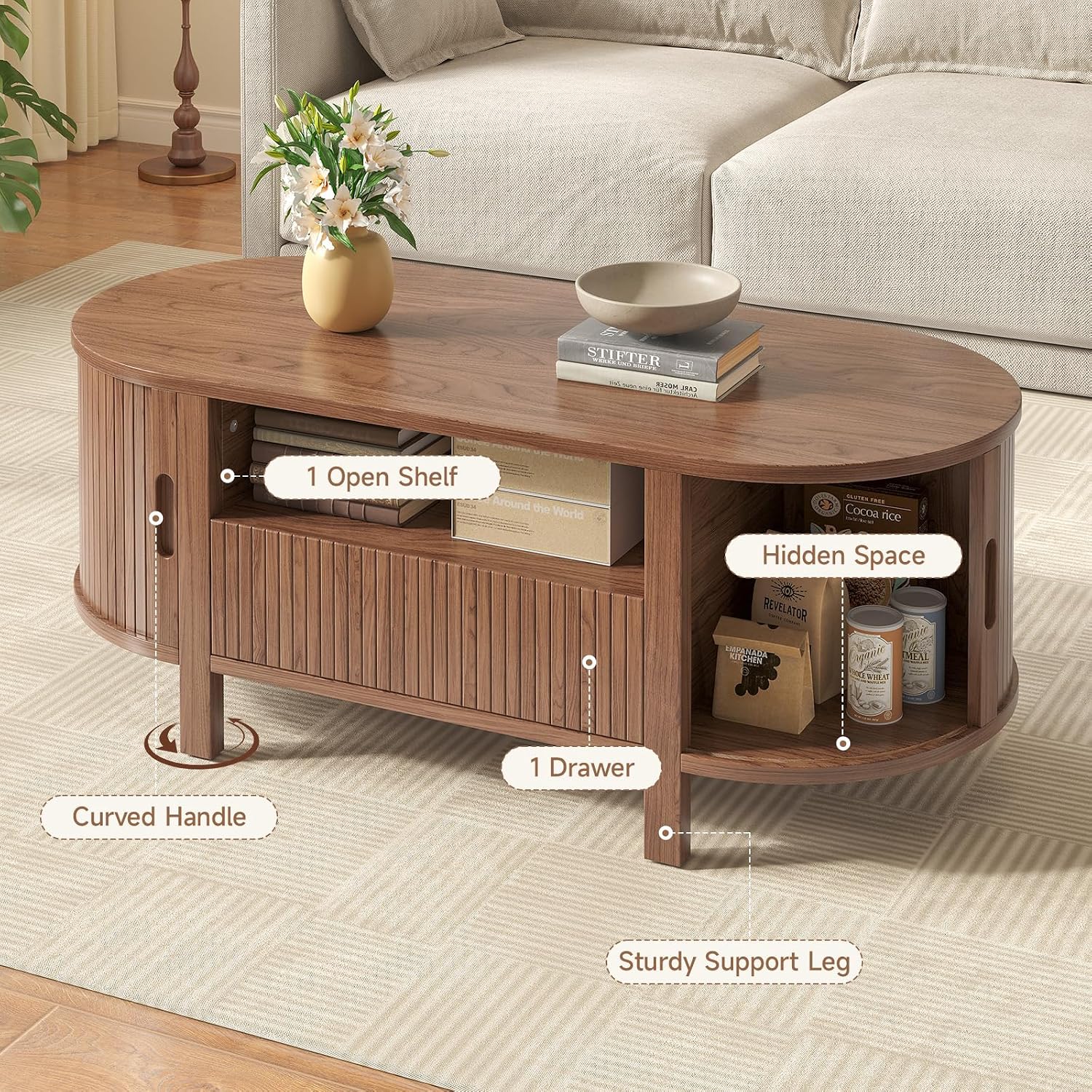 47.2' Fluted Coffee Table, Oval Coffee Table with 1 Drawer and 1 Open Shelf, Mid-Century Modern Center Tables with Storage and Sliding Doors, Coffee Tables for Living Room, Walnut