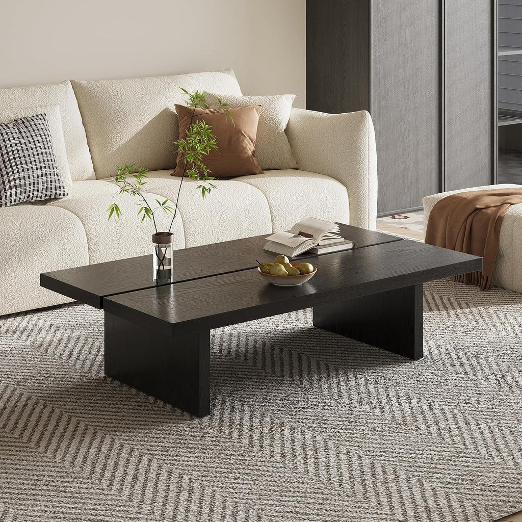 47' Rectangular Walnut Grain Coffee Table - Minimalist Modern Coffee Tables for Living Room, Japanese Tea Table, Low Profile Center Table for Home & Office (Black)