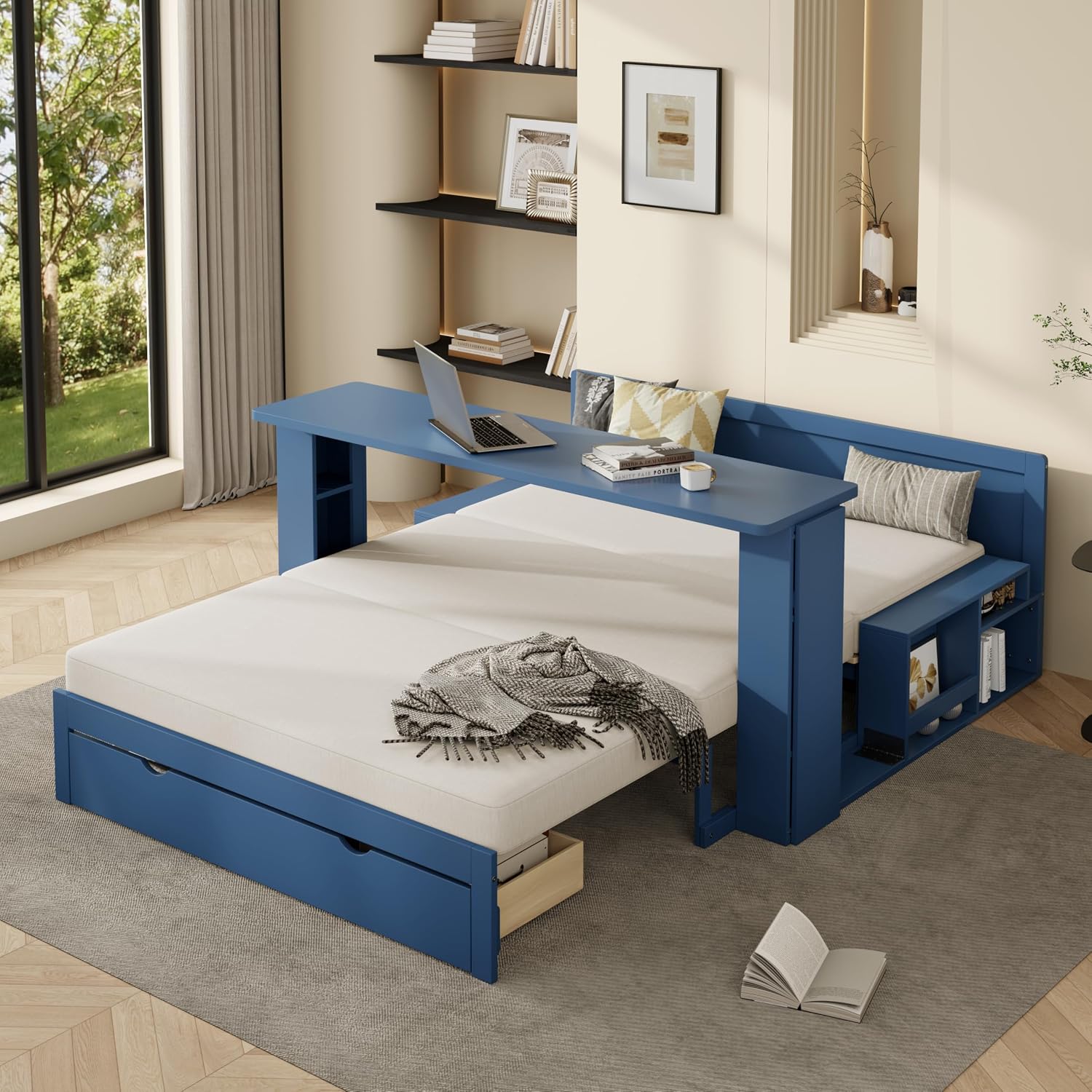 Wood Daybed Full Size with Removable Desk and Extendable Armrests, 4-in-1 Multifunctional Design Daybed Sofa Bed with Storage Drawers & Hydraulic Side Table (Blue-11.27, Full)