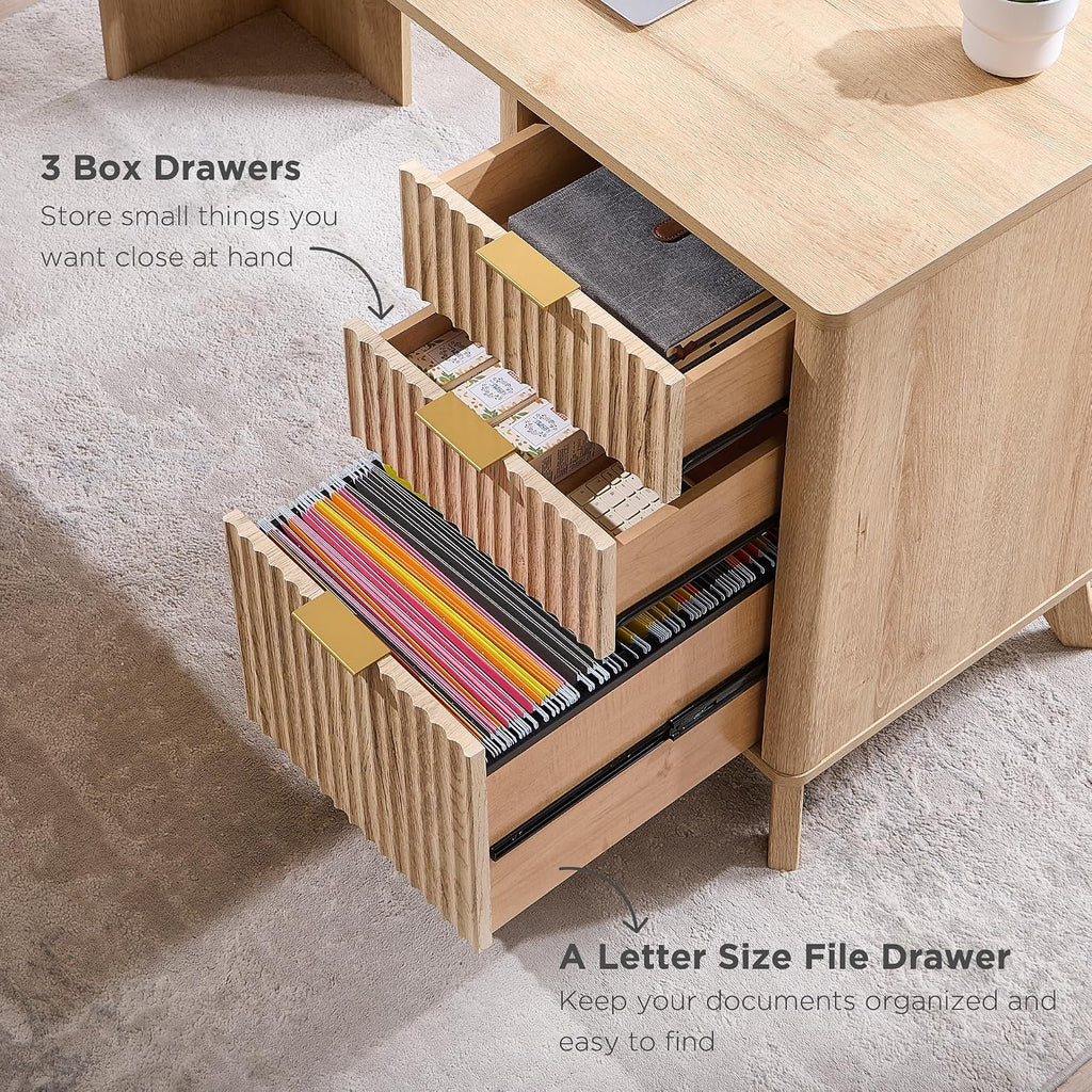 T4TREAM 60'' Fluted Executive L Shaped Desk, Modern Home Office Desk with Charging Station and File Drawer, Computer Corner Desks with Drawers & Storage Cabinet for Office Home, Bedroom, Natural Oak
