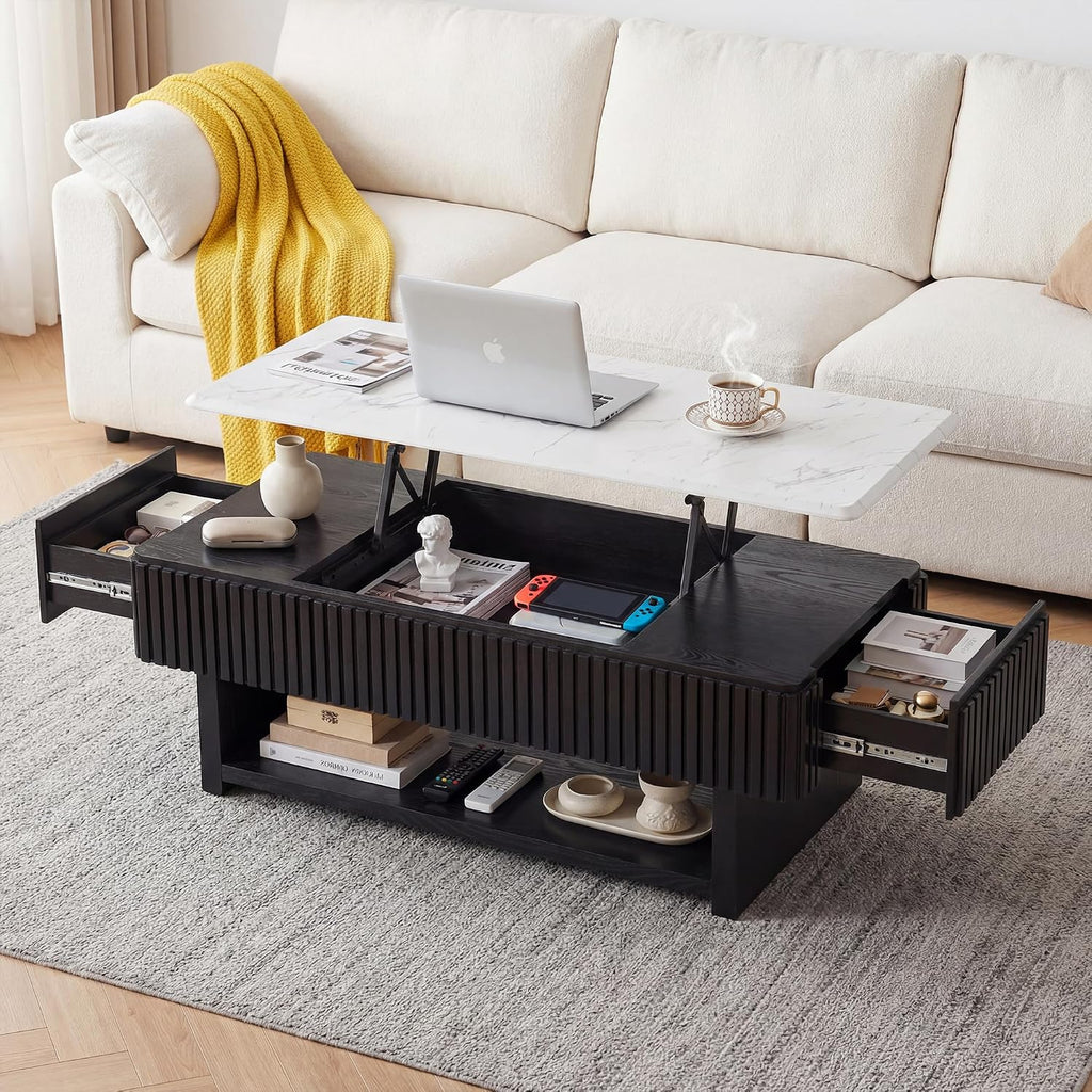47.4' Lift Top Coffee Table with Drawer & Storage, Modern Fluted Coffee Table with Marble-Pattern Top & Solid Wood Strips, Rising Center Table for Living Room Apartment,Rectangle, Black & White