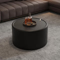Black Round Coffee Table with Hidden Storage, 27.56' Drum Coffee Table with Tempered Glass Top and PU Leather Body, Circle Cocktail Tea Table for Living Room, No Assemble