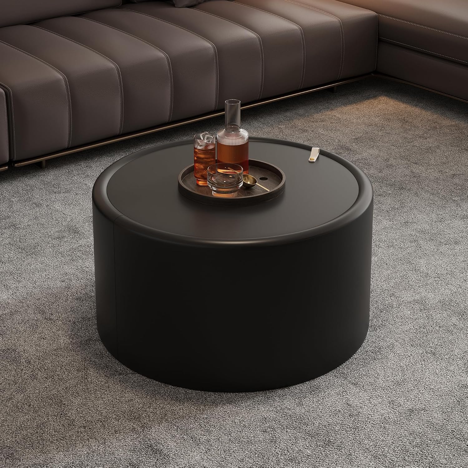 Black Round Coffee Table with Hidden Storage, 27.56' Drum Coffee Table with Tempered Glass Top and PU Leather Body, Circle Cocktail Tea Table for Living Room, No Assemble