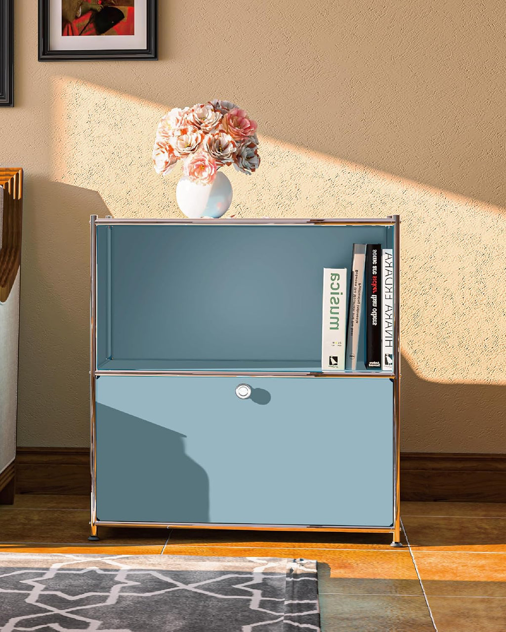 32.5-Inch Flip-Top Storage Cabinet with Detachable Wheels, Metal Side Table and Small Sideboard Cabinet for Living Room, Bedroom, Office, Orange