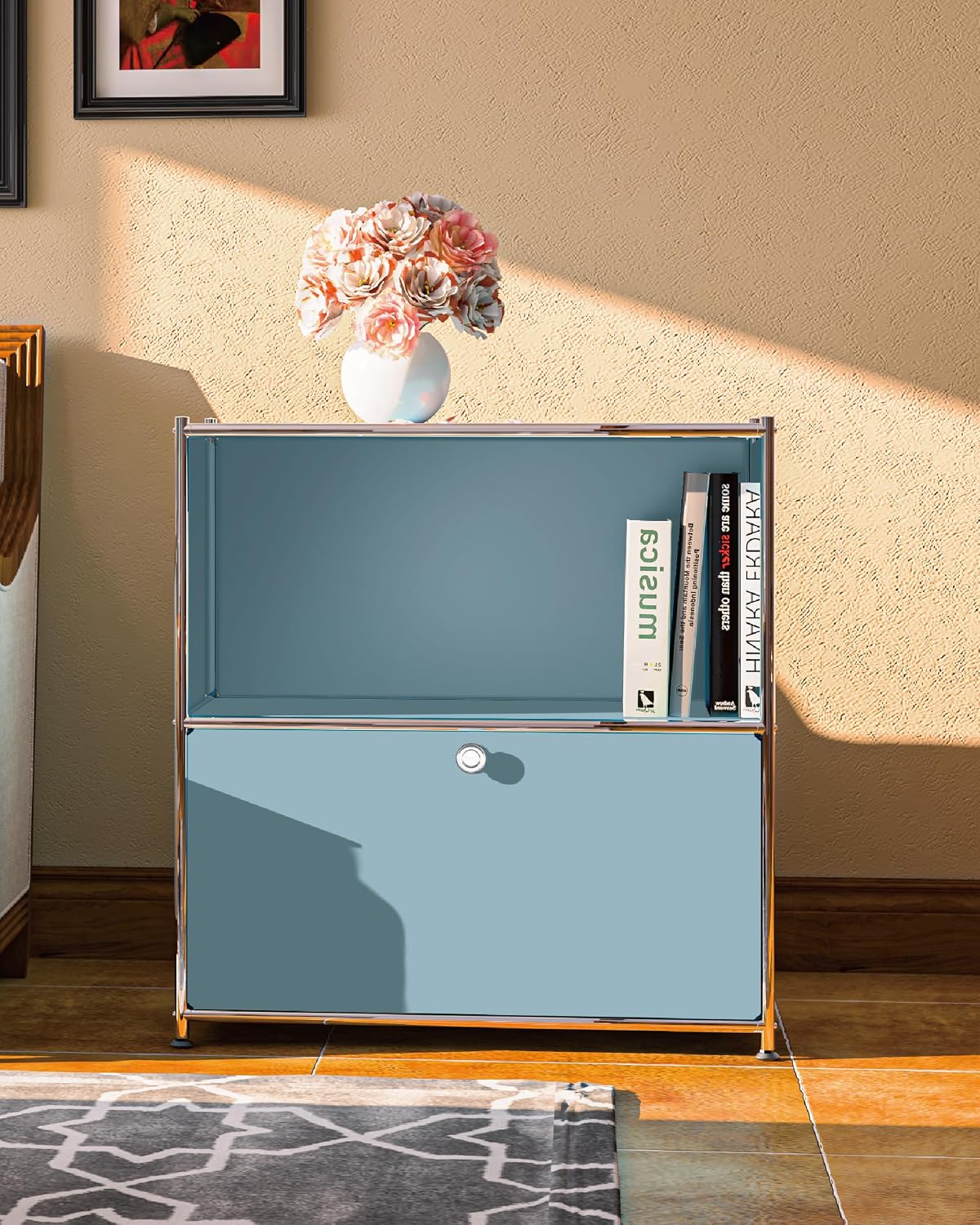 32.5-Inch Flip-Top Storage Cabinet with Detachable Wheels, Metal Side Table and Small Sideboard Cabinet for Living Room, Bedroom, Office, Orange