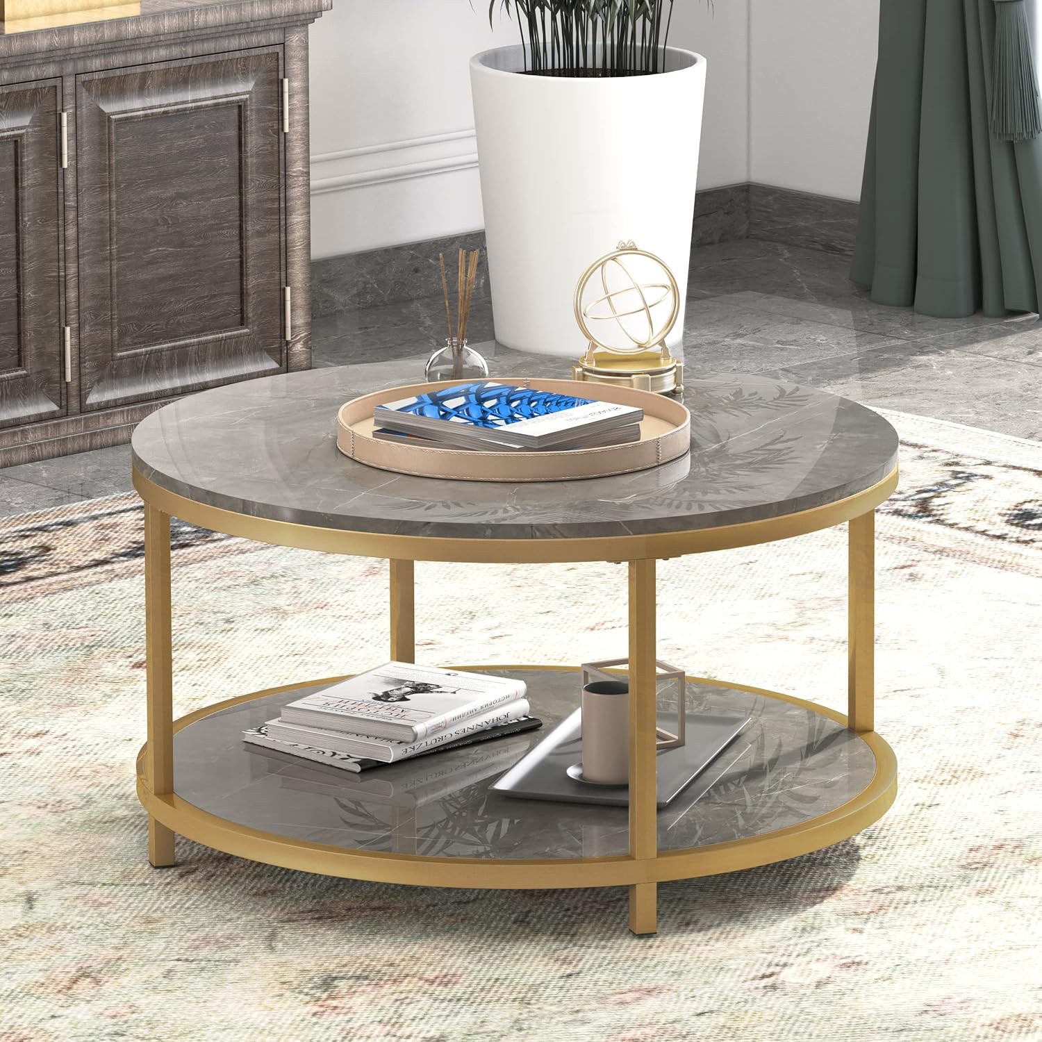 WiberWi Round Coffee Table 33.5' Coffee Tables for Living Room High Glossy Faux Marble Top Modern Circle Table Sturdy Gold Metal Frame Legs Cocktail Table with Storage Open Shelf