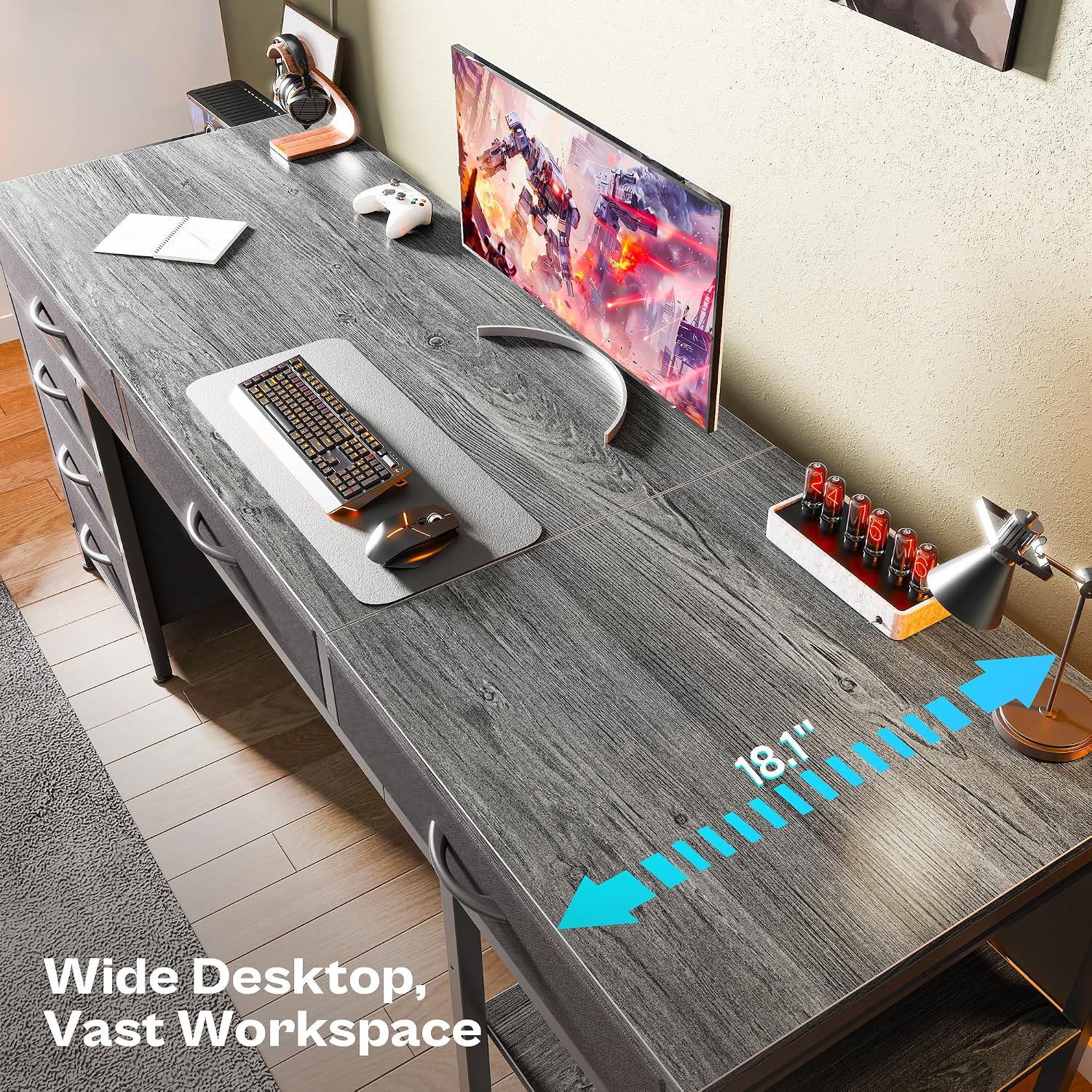 Huuger Computer Desk with 6 Drawers, Office Desk with Shelves, Reversible Gaming Desk, Corner Desk with Storage, Work for Home Office, Study, Living Room, 63inch, Grey