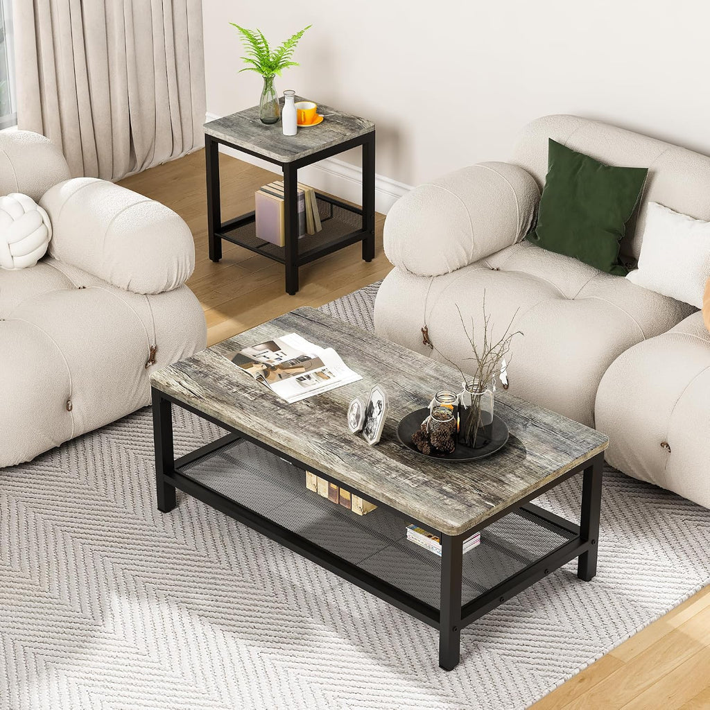 furlinkhm Coffee Table Set of 3, Industrial Coffee Table with 2 Square End Side Tables, Modern Living Room Table Set, with Metal Frame, for Apartment Home Office, Grey