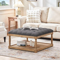 HUIMO 33-inch Large Square Ottoman Coffee Tables for Living Room, Tufted Upholstered Linen Ottoman with Storage Shelf and Solid Legs for Office Bedroom Farmhouse (Dark Grey)
