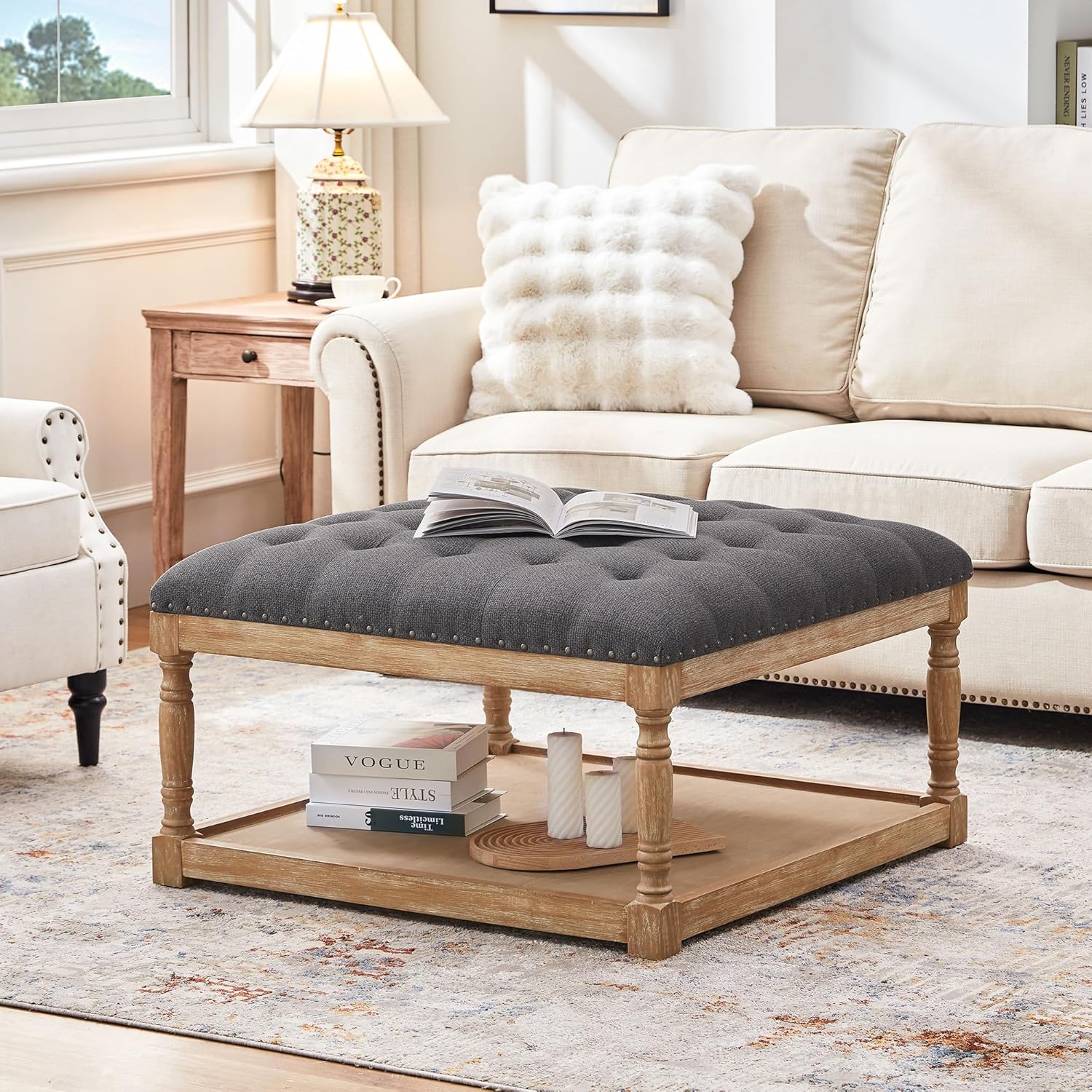 HUIMO 33-inch Large Square Ottoman Coffee Tables for Living Room, Tufted Upholstered Linen Ottoman with Storage Shelf and Solid Legs for Office Bedroom Farmhouse (Dark Grey)