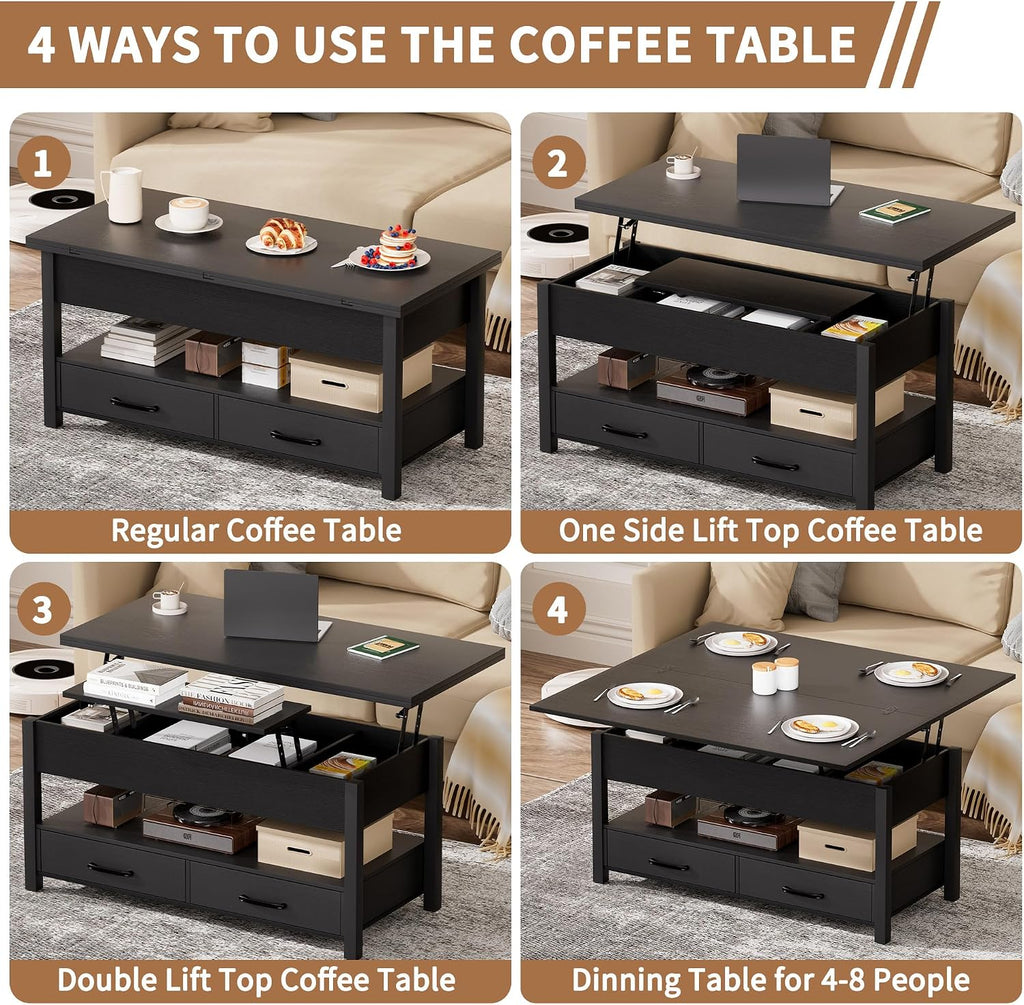SYESWAY 42'' Lift Top Coffee Table, 4-in-1 Multifunctional Lift Coffee Table with Storage & Hidden Compartments, Farmhouse Coffe Table with Lifting top for Living Room, Dining Reception Room, Black