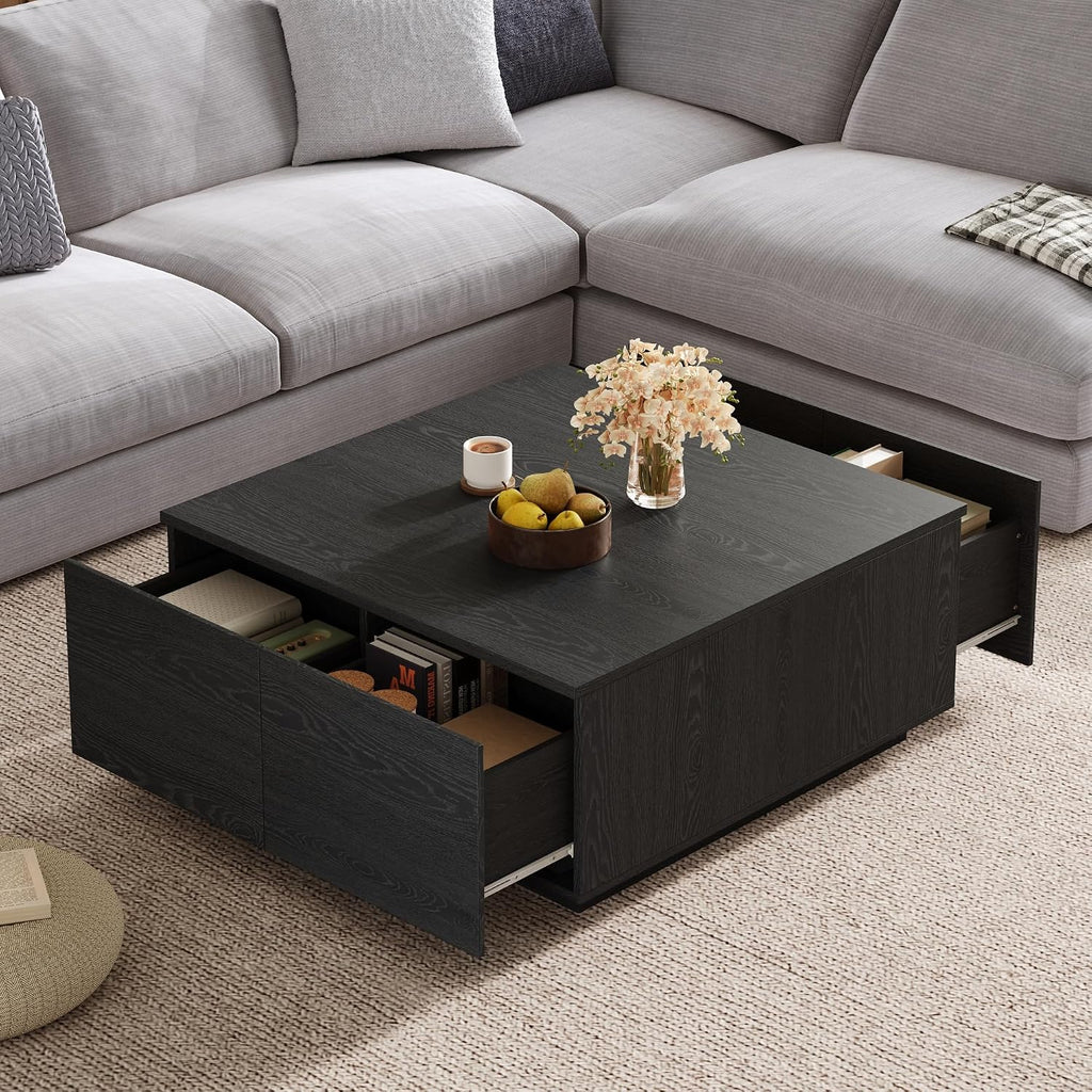 SSLine Square Coffee Table with 4 Storage Drawers,33.2-Inch Black Wooden Coffee Table for Living Room Minimalist Cocktail Center Tables for Small Space