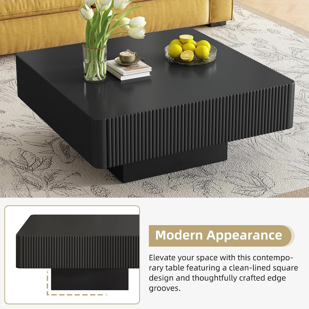 Merax Modern 31.6' W Square Coffee Table with Sturdy Base, Wood Center Tables for Living Room Reception Room, Easy Assemble, Black