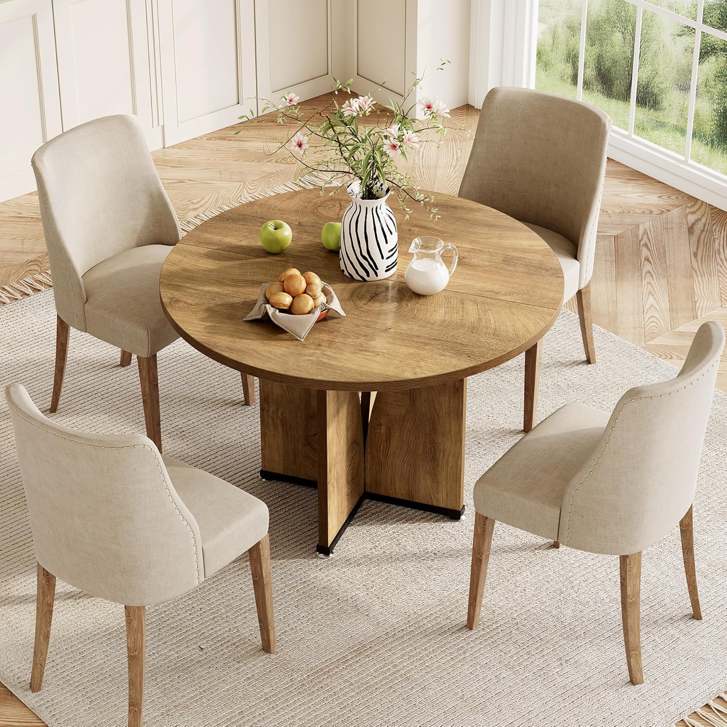 LITTLE TREE 39-Inch Dining Table for 4, Rustic Kitchen Table, Round Dining Table with X-Shaped Stable Pedestal, Farmhouse Dinner Table for Dining Room, Living Room