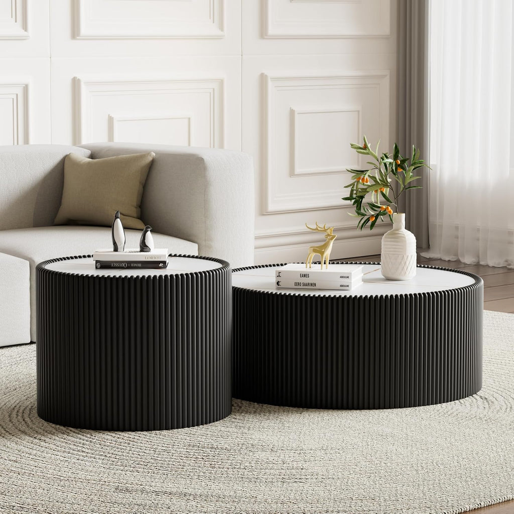 Round Coffee Table Set with Sintered Stone Tabletop, 29.52' Black Drum Center Table and 17.71' Black Coffee Table Set, 2 Pieces Living Room Table Set with Fluted PU Leather Cover& Stable Base