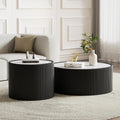 Round Coffee Table Set with Sintered Stone Tabletop, 29.52' Black Drum Center Table and 17.71' Black Coffee Table Set, 2 Pieces Living Room Table Set with Fluted PU Leather Cover& Stable Base
