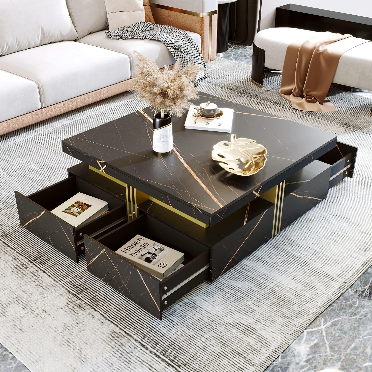 GDFStudio Barsv Modern Square Coffee Table with 4 Drawers, Stylish Storage Accent Table, Living Room Furniture with Ample Space, Remote Control Organizer, Glam Home Decor, Black + Gold