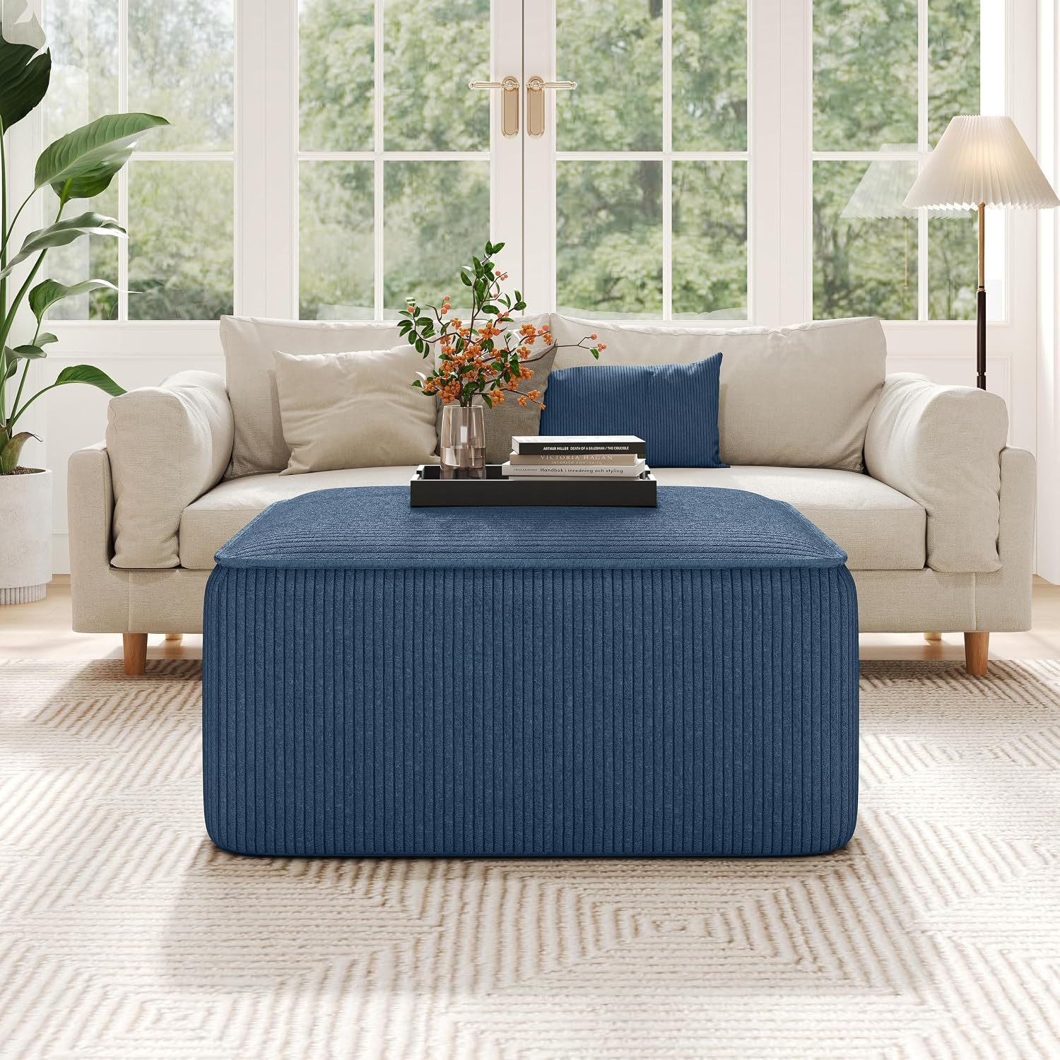Christopher Knight Home Isa Corduroy Ottoman Footstool, Square Pouf Poufee Footrest Ottoman Large Seat, Modern Side Table for Living Room Bedroom Home Decor, Navy Blue, 30'