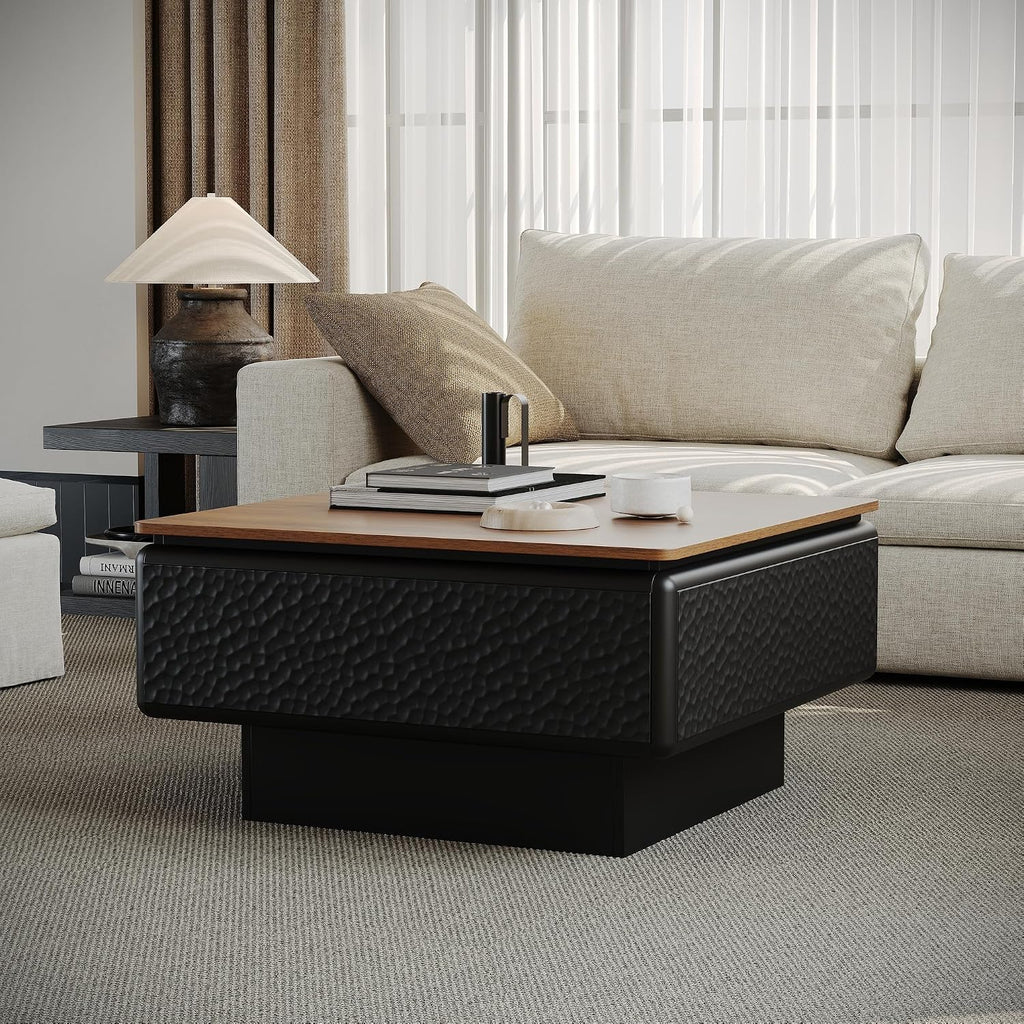 SSLine Lift-Top Coffee Table with Storage, 31.5' Square Coffee Table for Living Room Bedroom, Modern Rustic Lift Brown Wooden Top Center Tables with Hammered Texture Black Frame
