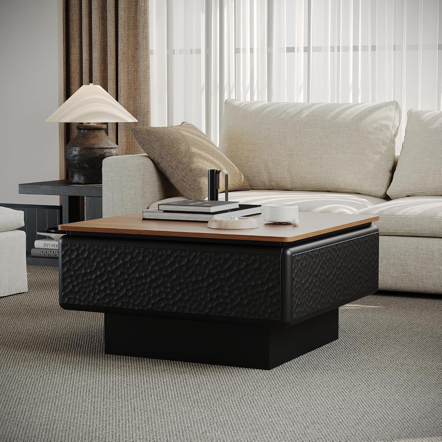 SSLine Lift-Top Coffee Table with Storage, 31.5' Square Coffee Table for Living Room Bedroom, Modern Rustic Lift Brown Wooden Top Center Tables with Hammered Texture Black Frame