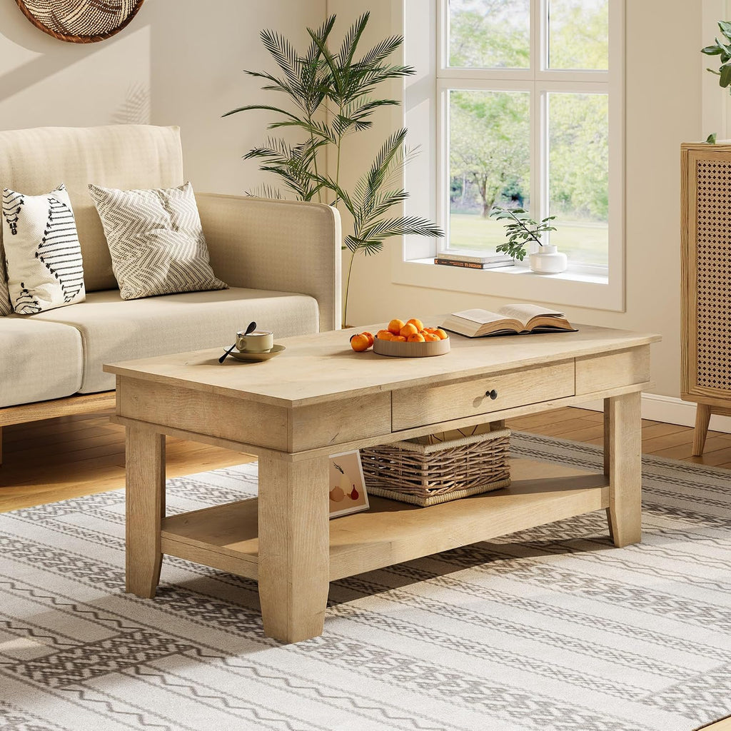 Takywep Rectangular Coffee Table with Drawer and Open Shelf, Long Center Table for Living Room, Rustic Finish, Stable Four Leg Structure, Easy to Clean Surface, Heavy Duty Storage Design, Light Wood