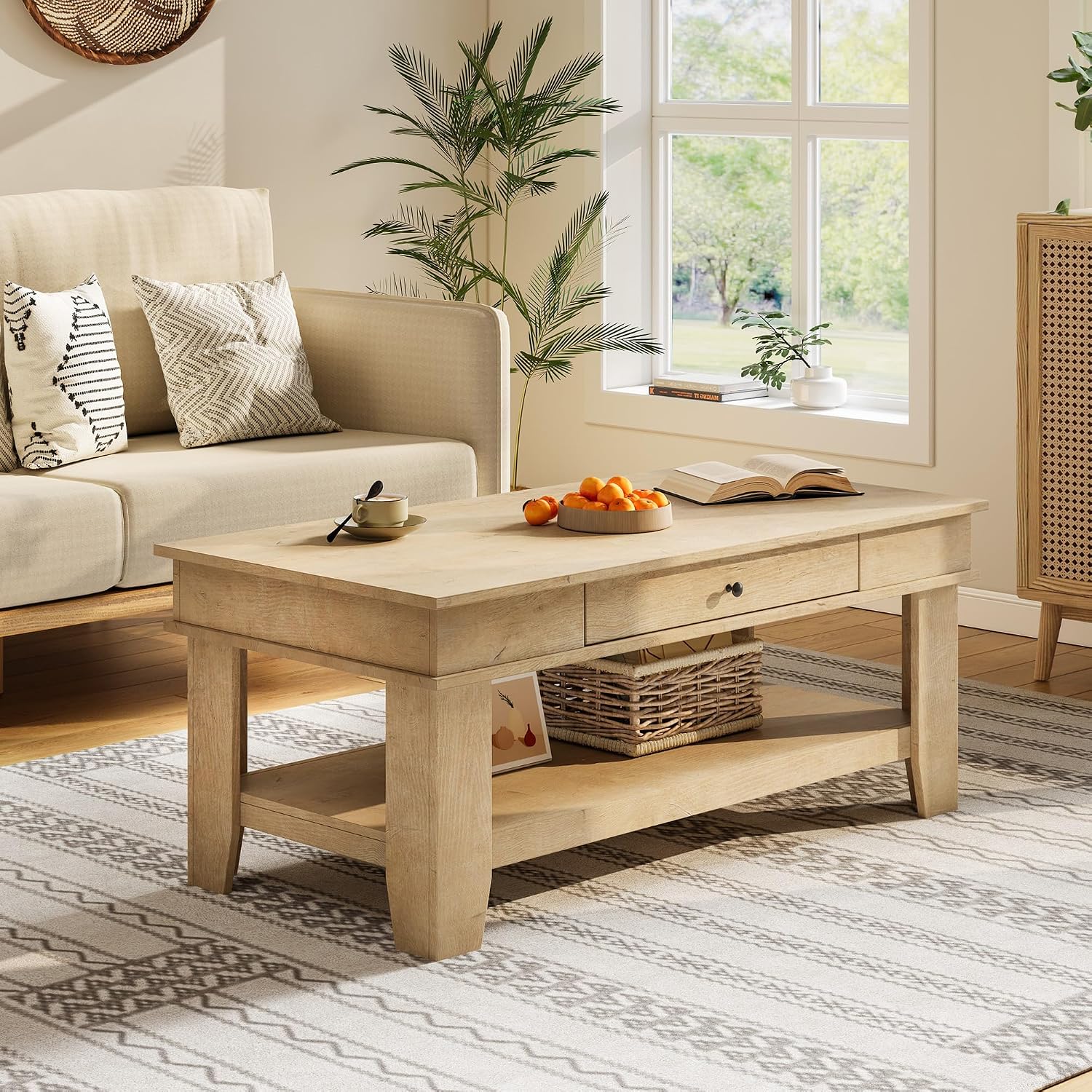 Takywep Rectangular Coffee Table with Drawer and Open Shelf, Long Center Table for Living Room, Rustic Finish, Stable Four Leg Structure, Easy to Clean Surface, Heavy Duty Storage Design, Light Wood