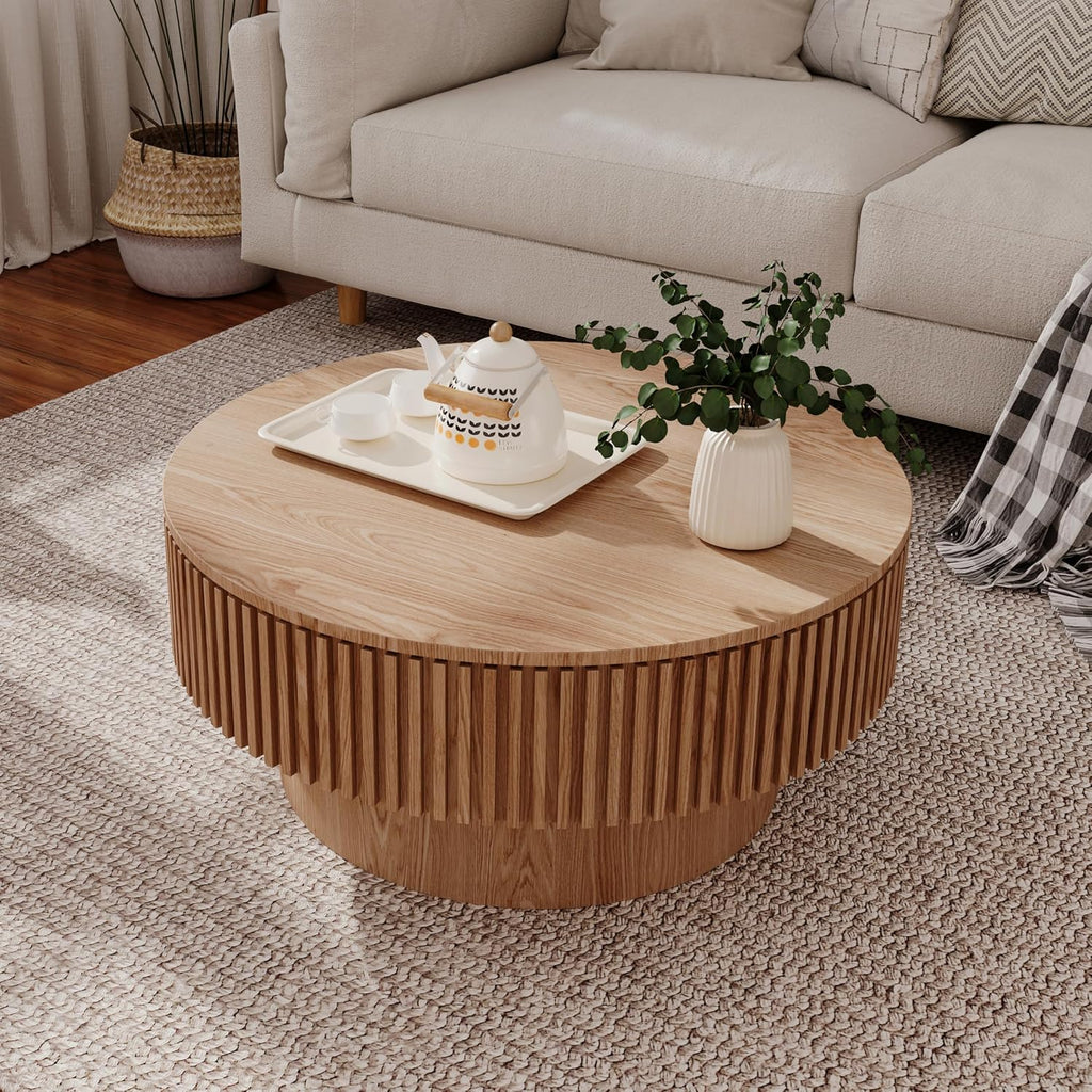 JUSTONE 31.5' Round Coffee Table,Farmhouse Wood Coffee Table with Storage for LivingRoom,Apartment,Office,Natural